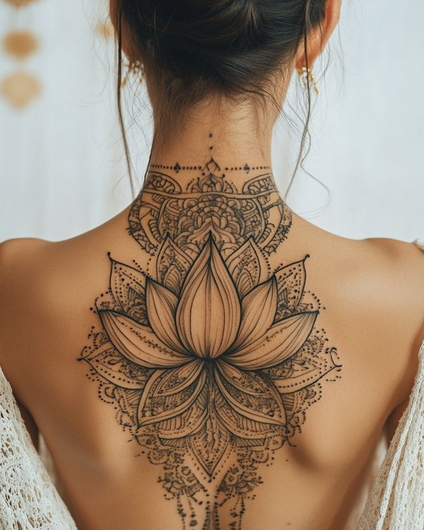 Tatuaje delicado de mandala en la espalda de mujer